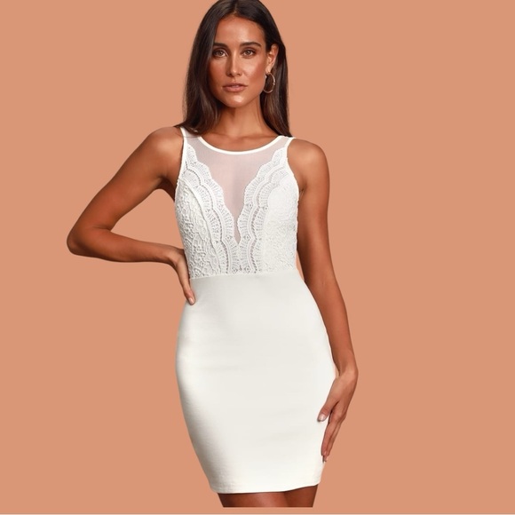 🤍 Lulus White Lace‎ Bodycon Dress S 💍 Mesh Top Bridal Shower Cocktail Fit - Picture 2 of 8
